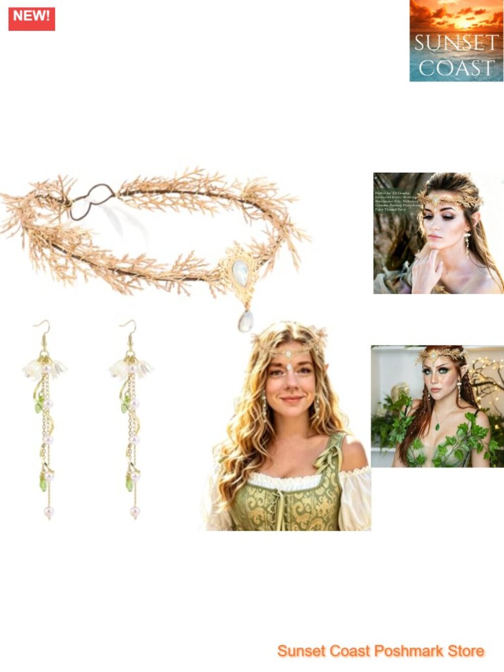Elven Leaf Circlet Crown Tassel Earrings Set Woodland Fairy Costume Accessory